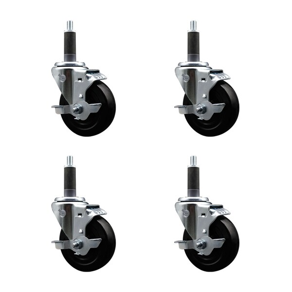 Service Caster 4'' SS Hard Rubber Swivel 1'' Expanding Stem Caster Set with Brake, 4PK SCC-SSEX20S414-HRS-TLB-1-4 - main